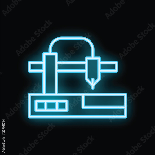 Neon icon of a 3d printer creating a prototype
