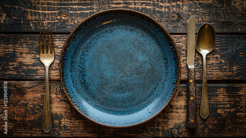 Setting a rustic dining table with a blue plate and vintage cutlery on a wooden surface at cozy mealtime. Generative AI