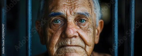 Elderly prisoner cell portrait, somber photo