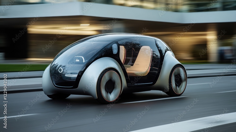 Fototapeta premium Futuristic silver electric car driving on city street at dusk.
