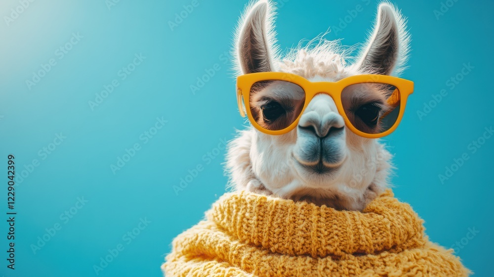 Fototapeta premium Cool llama wearing yellow sunglasses and sweater against a blue sky.