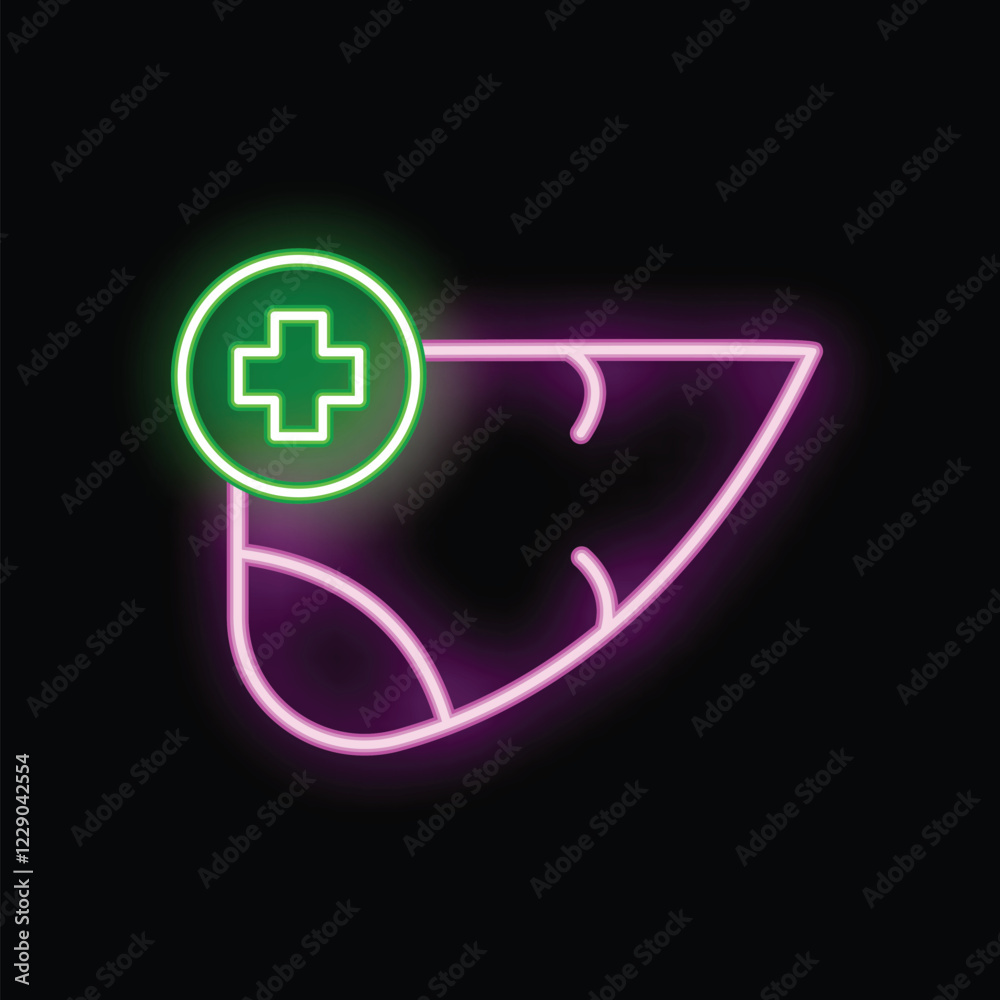 Fototapeta premium Glowing neon icon of a human liver with medical cross representing concepts like liver health, healthy internal organ, etc