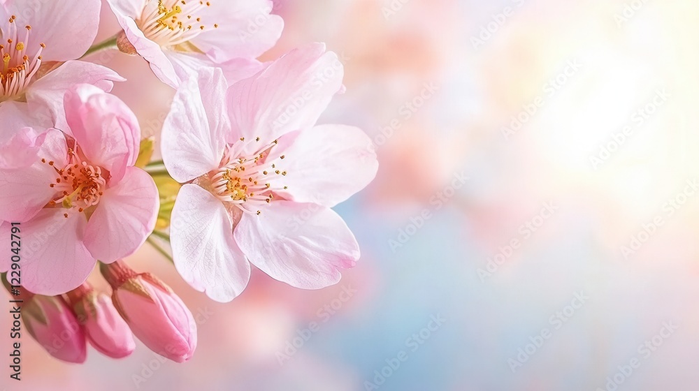 Flower close up with countryside charm concept. Delicate pink cherry blossoms with a soft, dreamy background Flower close up with countryside charm concept. Delicate pink cherry blossoms with a soft, dreamy background