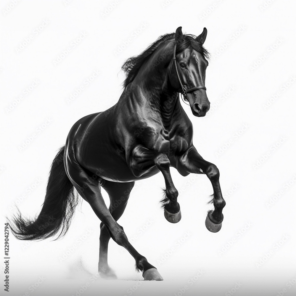 Fototapeta premium Black horse (Equidae), against white background, AI generated