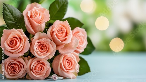 Light Peach Rose Bouquet with Diamond Ring on Blue Surface