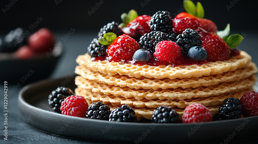 Delicious stack of waffles topped with fresh berries and mint on a dark plate. Generative AI Delicious stack of waffles topped with fresh berries and mint on a dark plate. Generative AI