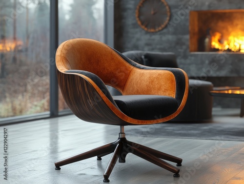 Modern interior design featuring an orange and dark gray swivel chair by the fireplace photo