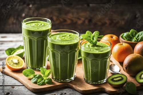 Clear glass containing vibrant green smoothie brimming with spinach kiwi avocado slices, AI generated photo