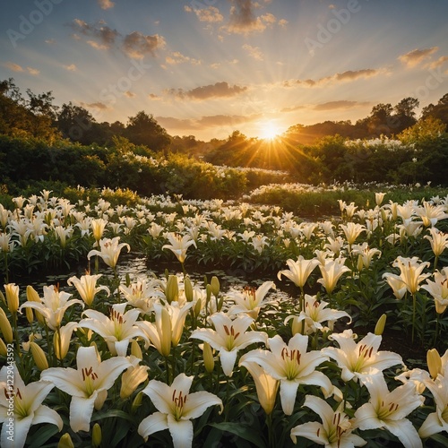 A divine garden filled with glowing white lilies, shimmering under the golden sunrise. photo