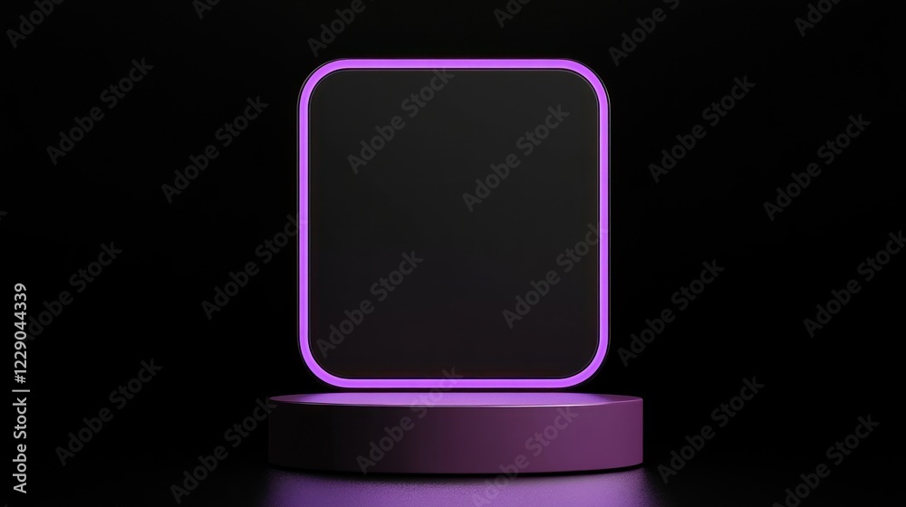 Purple neon square frame on dark platform. Purple neon square frame on dark platform.