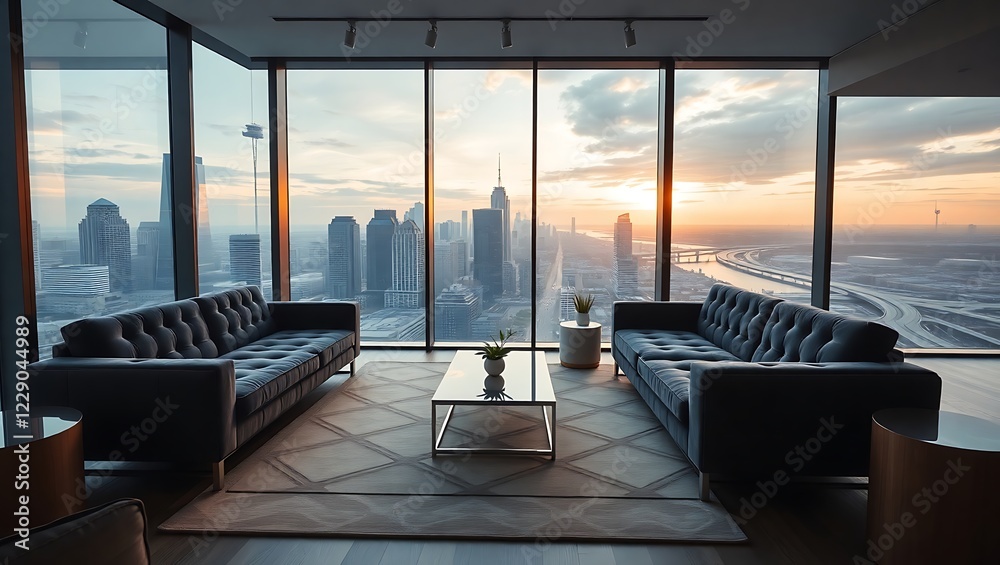 Fototapeta premium Modern Living Room with Sunrise City View and Stylish Sofas