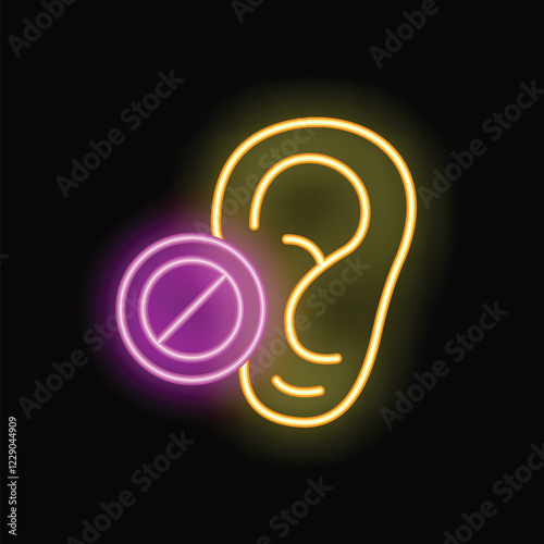 Neon style icon showing an ear with a cancelled sign, great for representing deafness or hearing loss