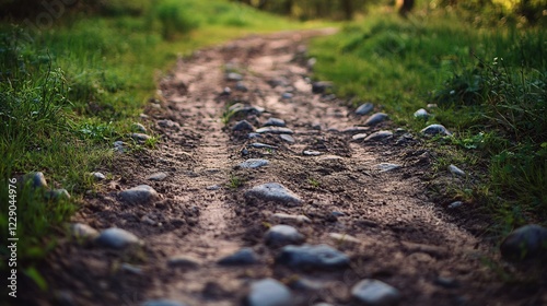 Peaceful nature trail with rocky path and lush green surroundings