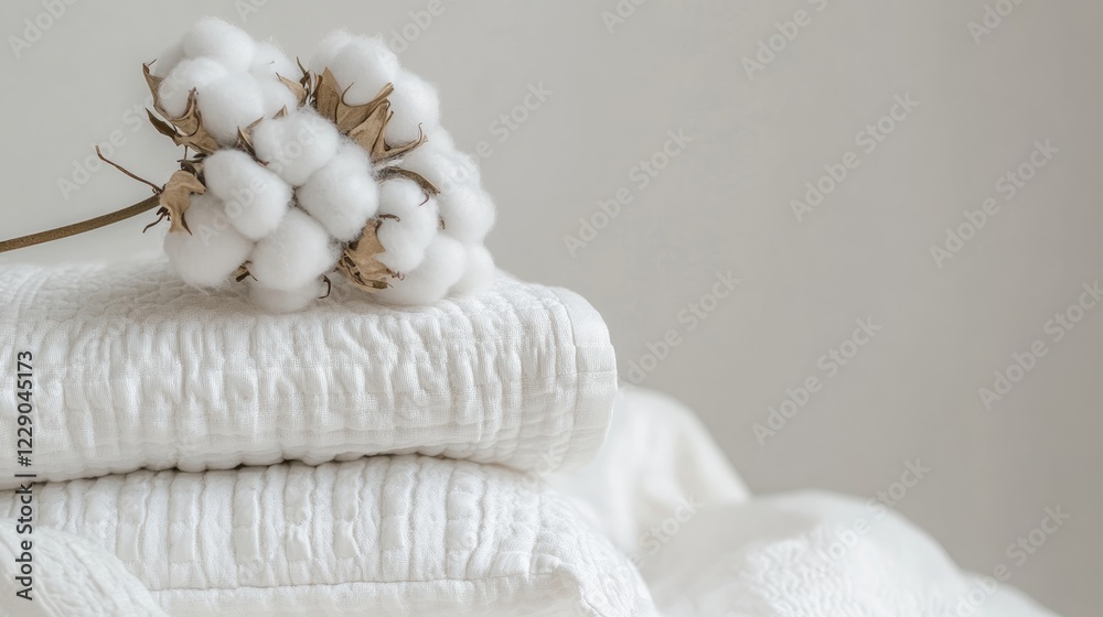 Obraz premium A minimalist arrangement of soft, white towels stacked neatly, featuring a delicate cotton blossom on top.