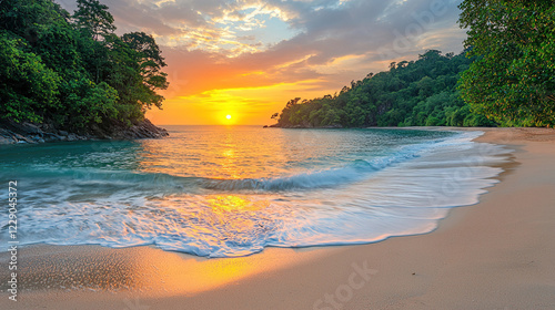 Beautiful sunset over a tranquil beach with golden sand and gentle waves in a tropical setting. Generative AI
