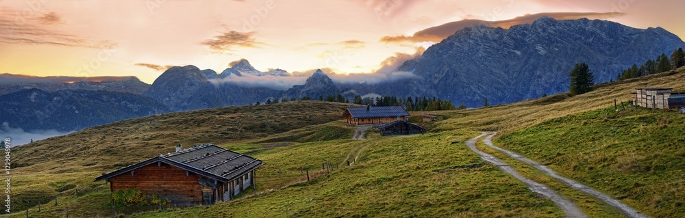 Mountain panorama Berchtesgarden Alps with Watzmann east face at sunset, Gotzenalm, Berchdesgarden National Park, Schönau am Königssee, Berchtesgaden, Bavaria, Germany, Europe Mountain panorama Berchtesgarden Alps with Watzmann east face at sunset, Gotzenalm, Berchdesgarden National Park, Schönau am Königssee, Berchtesgaden, Bavaria, Germany, Europe