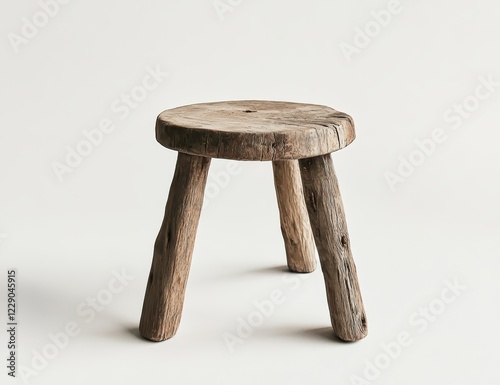 Rustic wooden three-legged stool on white background.