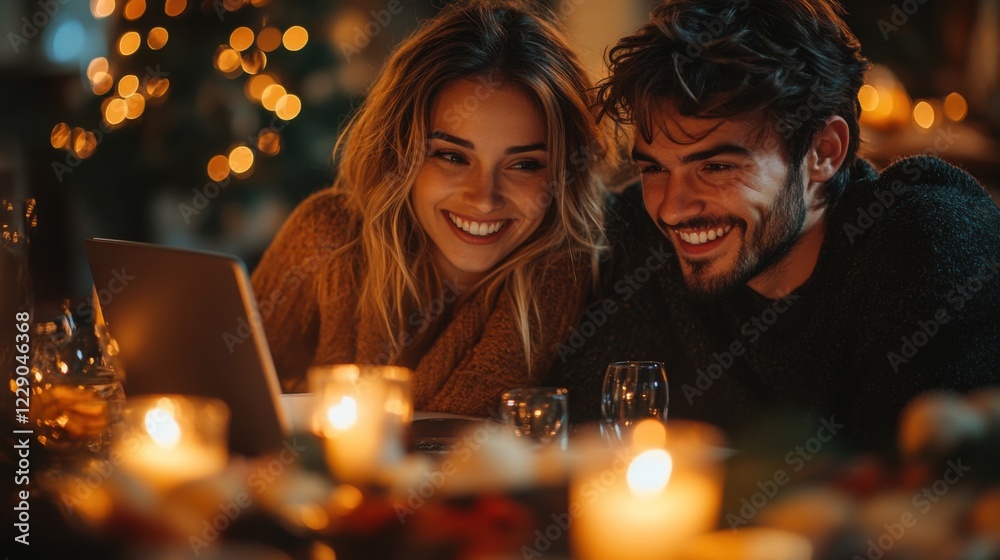 A young couple smiles while looking at a laptop during a romantic dinner at home with candlelight. A young couple smiles while looking at a laptop during a romantic dinner at home with candlelight.