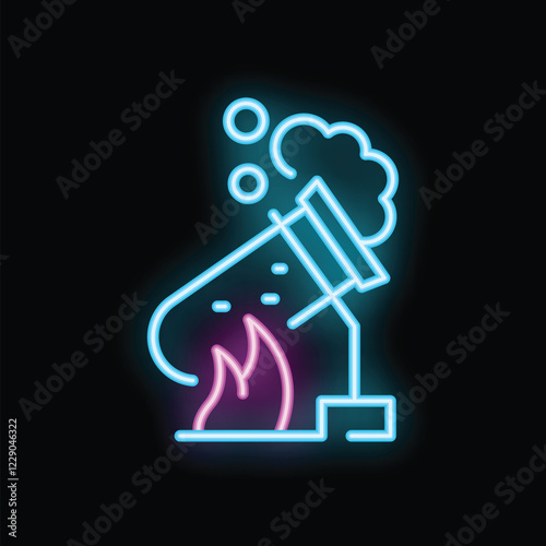 Neon sign illustrating a chemical reaction taking place in an erlenmeyer flask being heated on a bunsen burner
