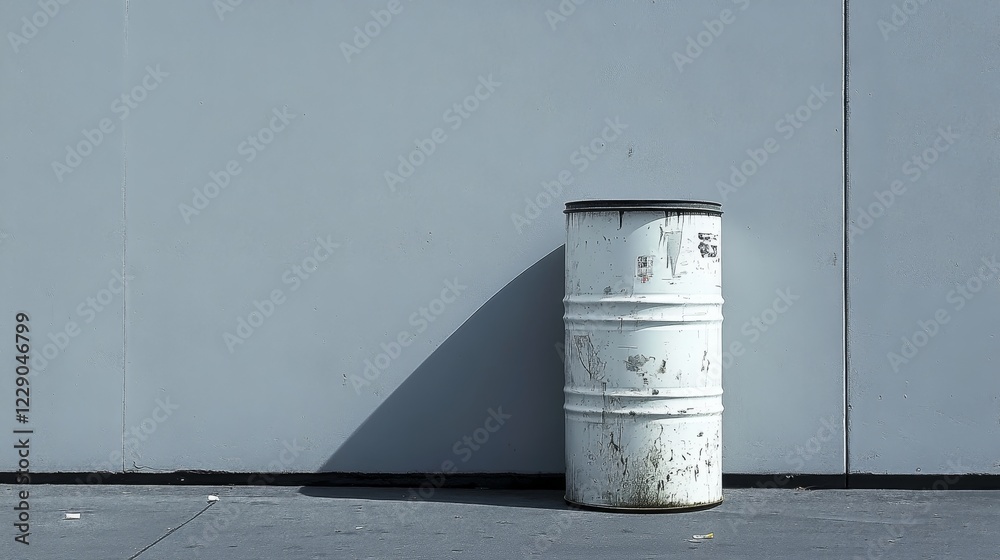 A solitary white barrel with a lid stands against a gray wall, showcasing an industrial aesthetic. The scene highlights urban elements and textures. A solitary white barrel with a lid stands against a gray wall, showcasing an industrial aesthetic. The scene highlights urban elements and textures.
