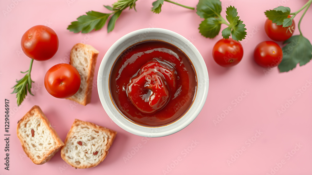 Ketchup in bowl and pieces of dry bread on pink background, top view. Space for text. Generative AI Ketchup in bowl and pieces of dry bread on pink background, top view. Space for text. Generative AI