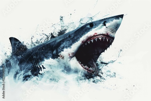 Abstract art of a shark with intense contrast, depicted in motion with splashes of blue and white, ai generated, AI generated photo