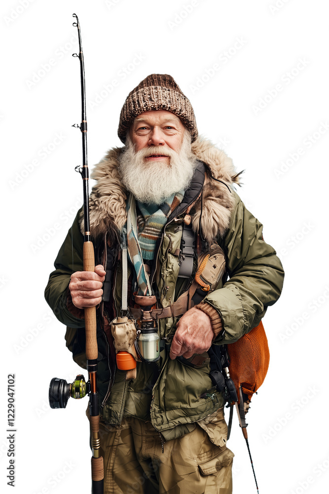 Obraz premium Experienced fisherman in warm outerwear with gear ready for a day on the water