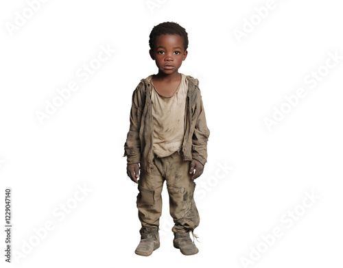 Young child wearing dirty clothes stands alone, showcasing resilience and innocence against a plain backdrop in a moment that tells a story of hardship and survival