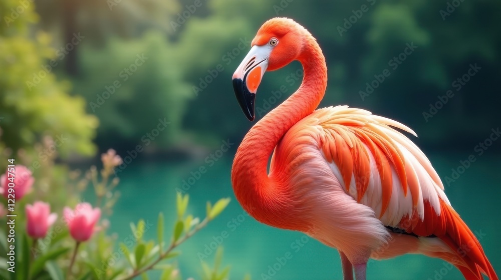 Obraz premium A vibrant flamingo gracefully poses amidst a serene, verdant landscape, its plumage reflecting the soft sunlight, creating a picturesque scene of natural beauty.