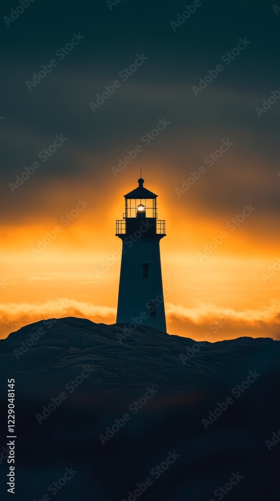 A striking silhouette of a lighthouse at sunset, casting a warm glow over the rocky coastline and dramatic sky. A striking silhouette of a lighthouse at sunset, casting a warm glow over the rocky coastline and dramatic sky.