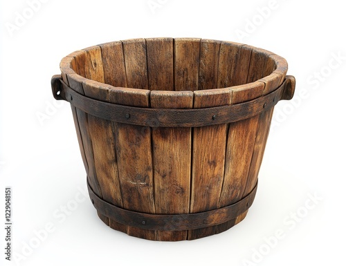 Rustic wooden tub with metal bands and handles, isolated on white. photo