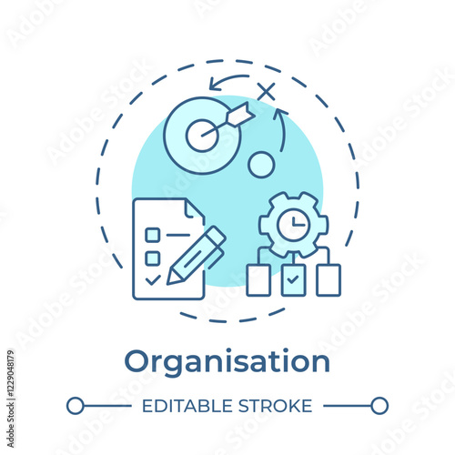 Organisation soft blue concept icon. Planning, prioritizing and coordinating tasks. Line manager skill. Round shape line illustration. Abstract idea. Graphic design. Easy to use in booklet