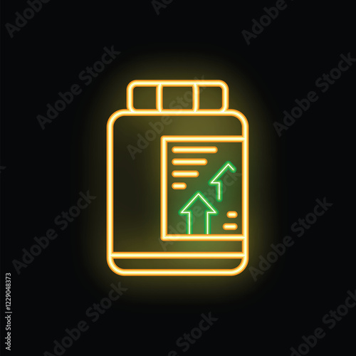 Neon glowing icon of sports nutrition with growing up arrows on black background