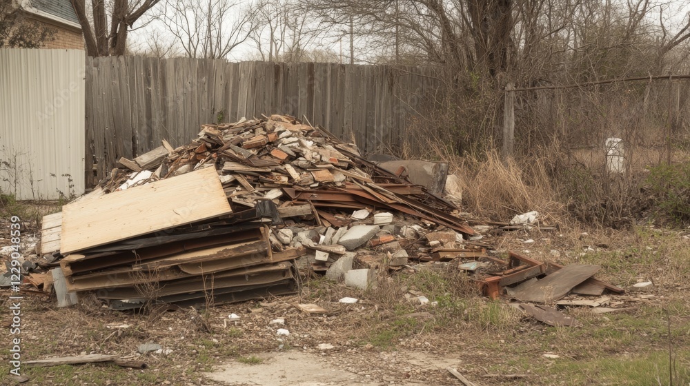 Large pile of discarded construction debris and wood in a residential backyard.