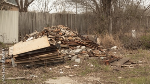 Obraz na płótnie Large pile of discarded construction debris and wood in a residential backyard. w salonie