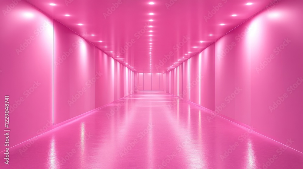 Fototapeta premium Pink illuminated corridor with glossy floor.