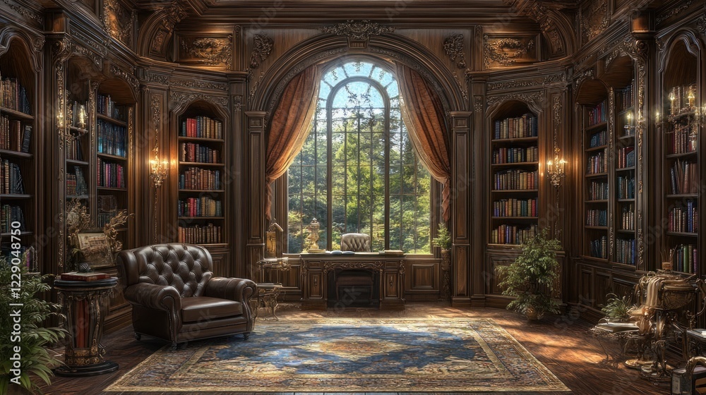 Fototapeta premium Luxurious library with arched window, bookshelves, leather armchair, and ornate details.