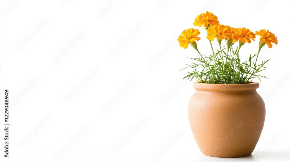 Orange Marigolds in Terracotta Pot on White Background Orange Marigolds in Terracotta Pot on White Background