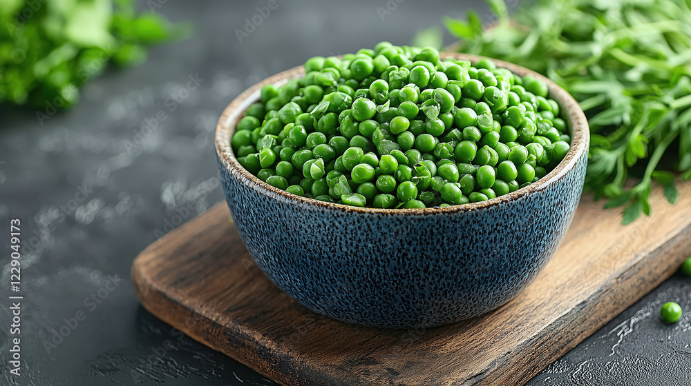 Fresh green peas in a bowl on a wooden surface surrounded by herbs in a kitchen setting. Generative AI Fresh green peas in a bowl on a wooden surface surrounded by herbs in a kitchen setting. Generative AI