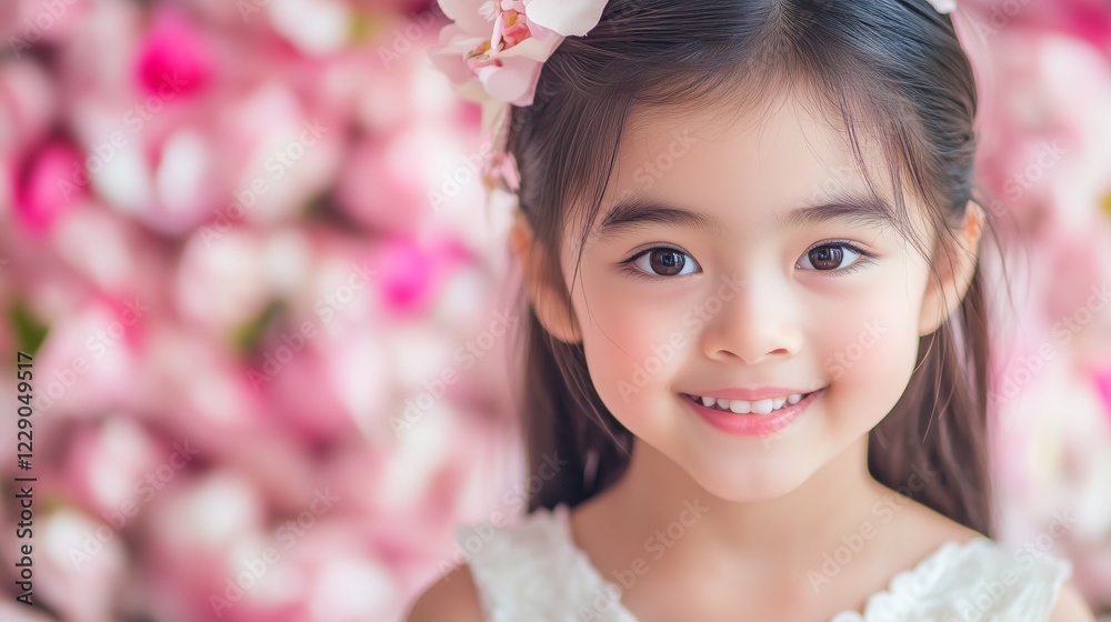 A young girl with long hair and a floral hair accessory smiles joyfully. She stands against a vibrant pink floral backdrop, radiating happiness and innocence. A young girl with long hair and a floral hair accessory smiles joyfully. She stands against a vibrant pink floral backdrop, radiating happiness and innocence.