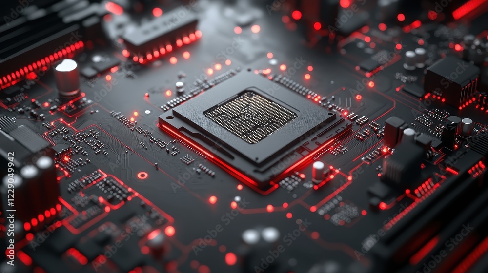 Futuristic microchip on glowing red circuit board  
