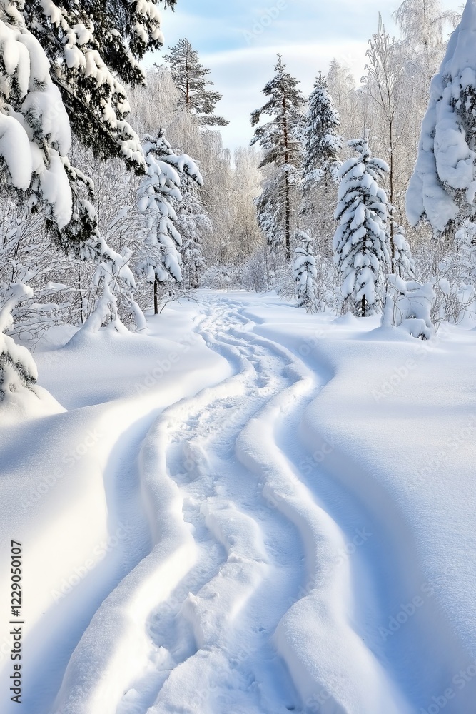 A serene snowy forest trail with deep footprints winding through tall pine and birch trees, creating a peaceful winter atmosphere A serene snowy forest trail with deep footprints winding through tall pine and birch trees, creating a peaceful winter atmosphere