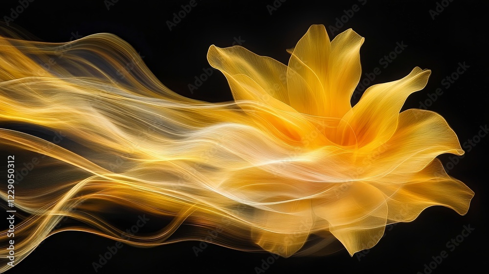 Fototapeta premium Ethereal Yellow Flower with Flowing Light on Black Background