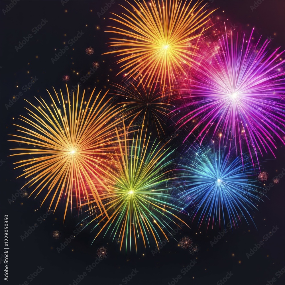 Naklejka premium Bright and colorful fireworks explode against the night sky, producing a festive atmosphere, AI generated