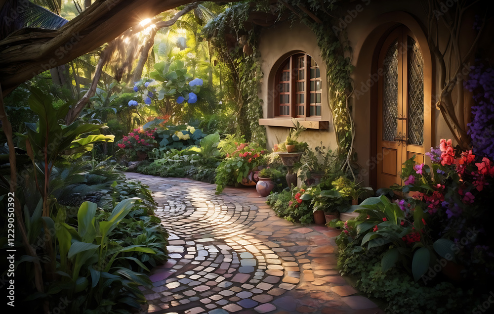 Naklejka premium A beautiful garden filled with flowers and trees.