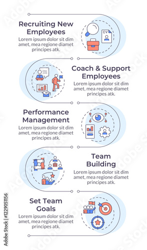 Line manager responsibilities infographic vertical sequence. Career on business company. Visualization infochart with 5 steps. Circles workflow. Montserrat SemiBold, Lato Regular fonts used photo