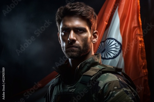 Indian army soldier holding waving Indian flag on top of mountain - concept of independence or repubilc day celebration, patriotism and pride photo