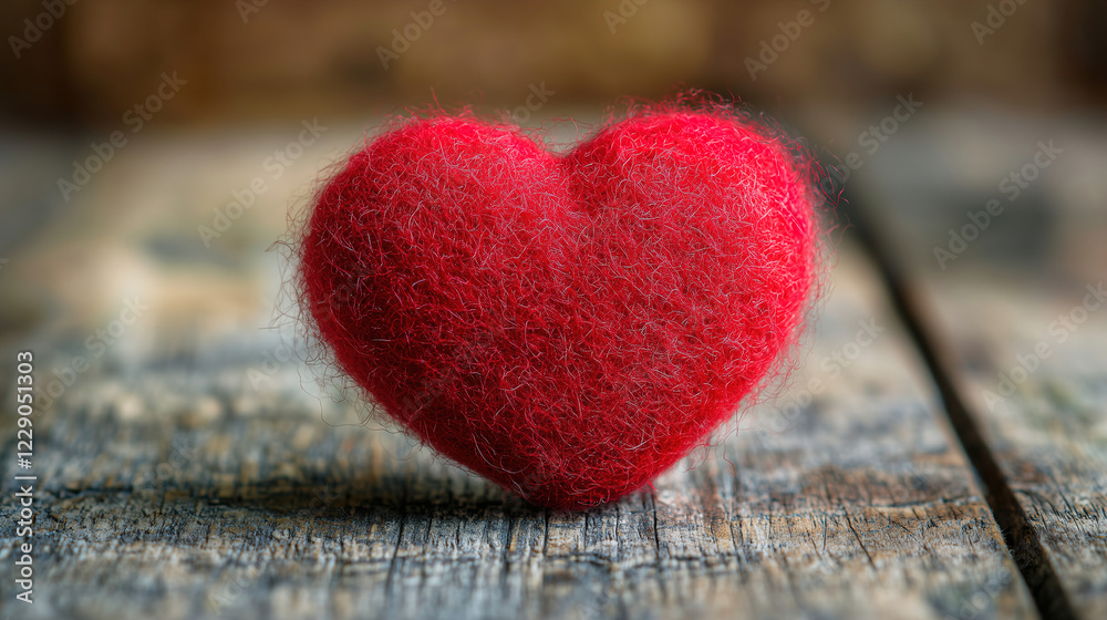 Fototapeta premium Red felt heart resting on rustic wooden surface creates a warm and inviting atmosphere for crafts or decorations. Generative AI