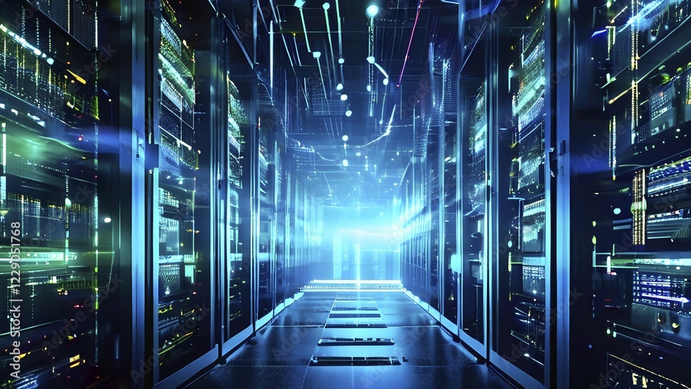 Fototapeta premium Server racks aligned in rows within a cloud computing data center background and data streams flowing, AI generated