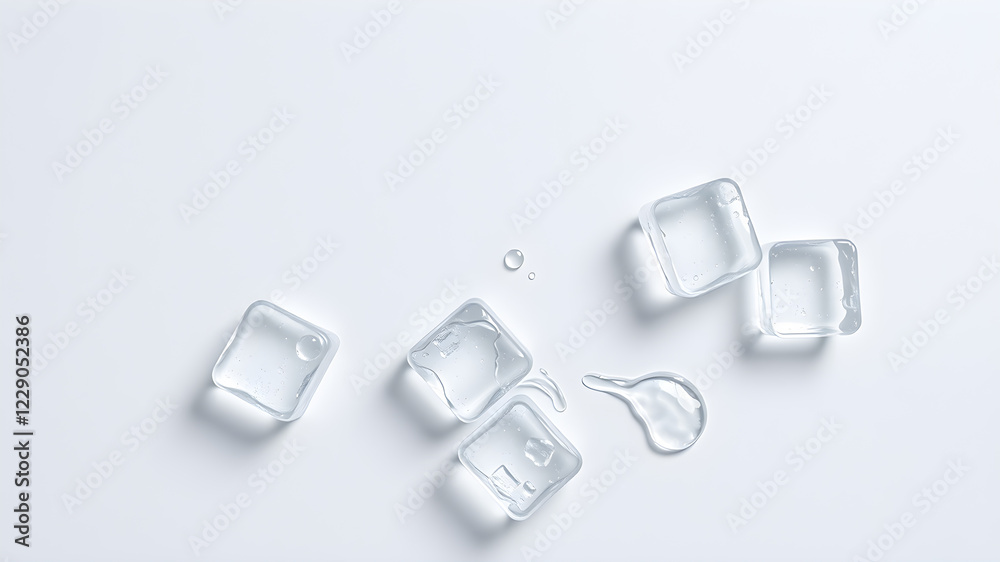 Melting ice cubes and water drops on light grey background, flat lay. Space for text, top view. Generative AI Melting ice cubes and water drops on light grey background, flat lay. Space for text, top view. Generative AI
